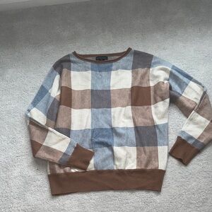 Cynthia Rowley Blue, Brown & Cream Check Crewneck Sweater